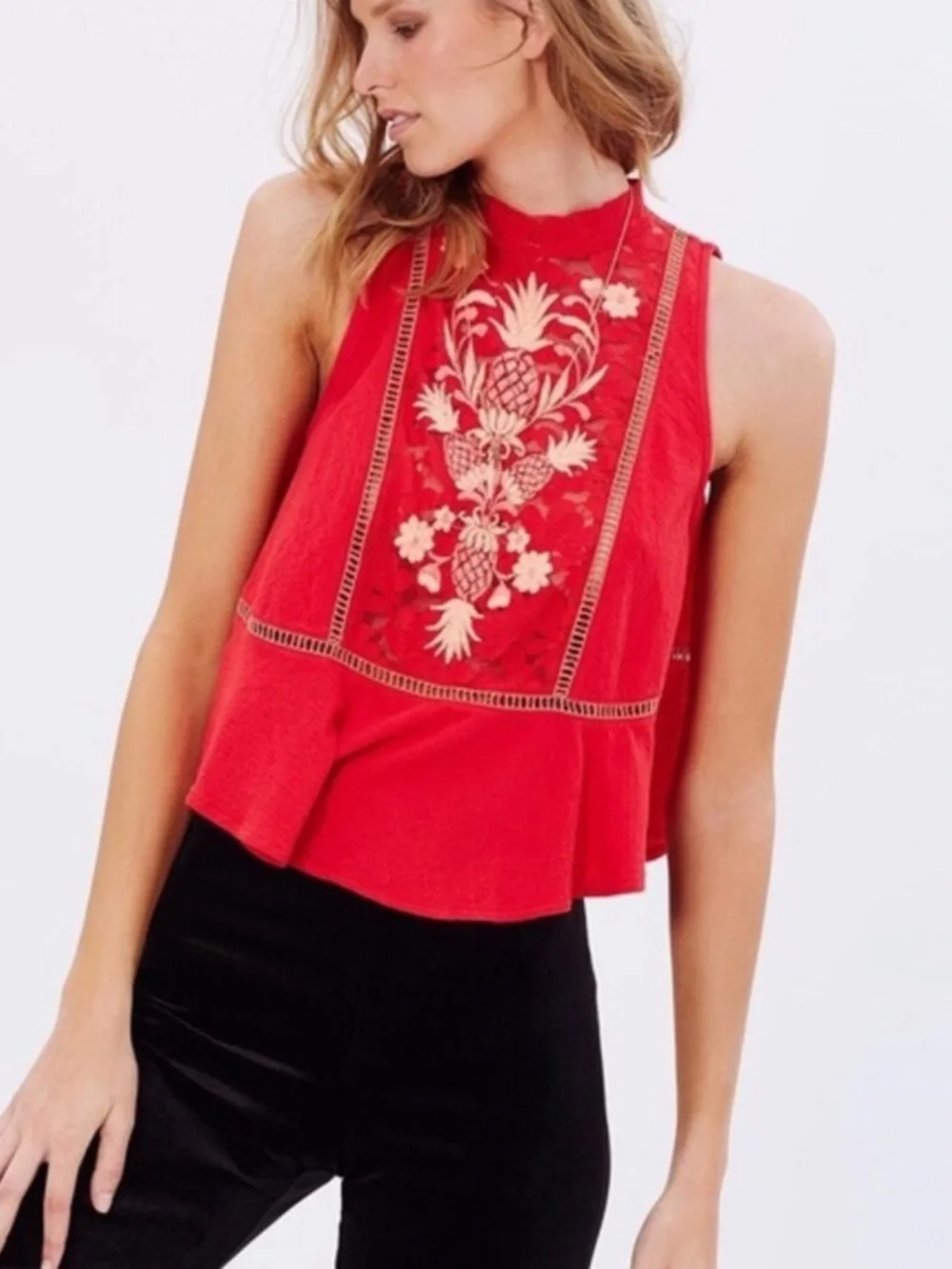 Free People Boho Cottagecore Pineapple Lace Embroidered Flora Swing Tank Top - Picture 1 of 8